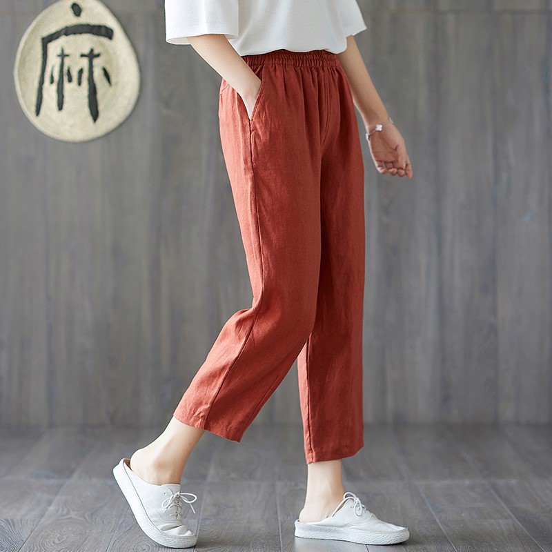 [Spot] Cotton and Linen Trousers Women's Large Size Cropped Pants Loose Feet Harem Casual Pants Baggy Pants