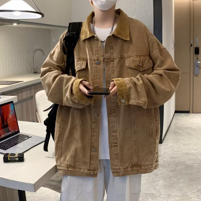 美式复古牛仔外套男oversize高街宽松春秋水洗做旧痞帅气工装夹克