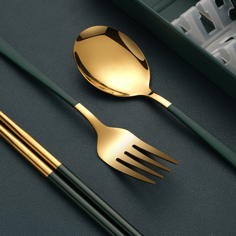 Stainless Steel Chopsticks Spoon Tableware Set Single Portable Storage Box Portable Cutlery Box Fork Three-Piece Set