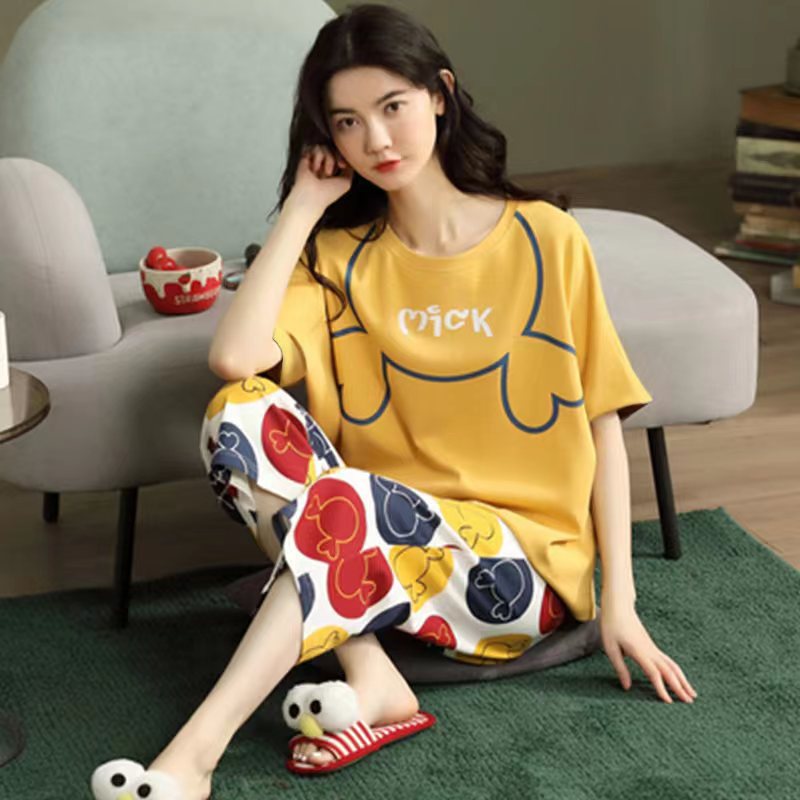 Cross-Border Pajamas Women's Summer Short-Sleeved Cropped Pants Pullover round Neck Printed Girls' Spring and Autumn Widened Homewear Suit