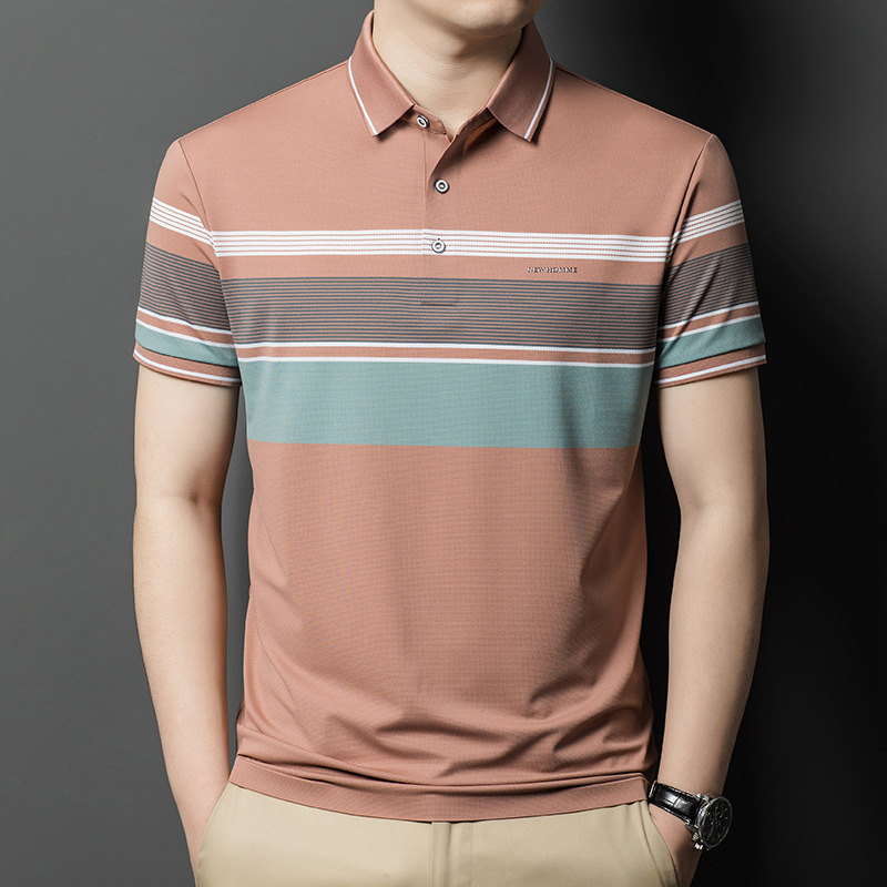 品牌高端短袖t恤男士夏季条纹宽松桑蚕丝polo衫翻领半袖真丝上衣
