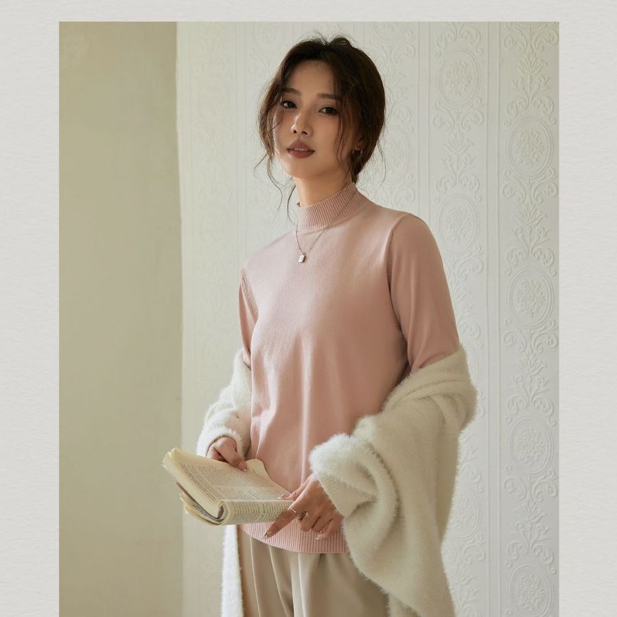 羊绒蛋白打底衫女中领2023秋冬新款女装内搭抗起球发热保暖上衣女