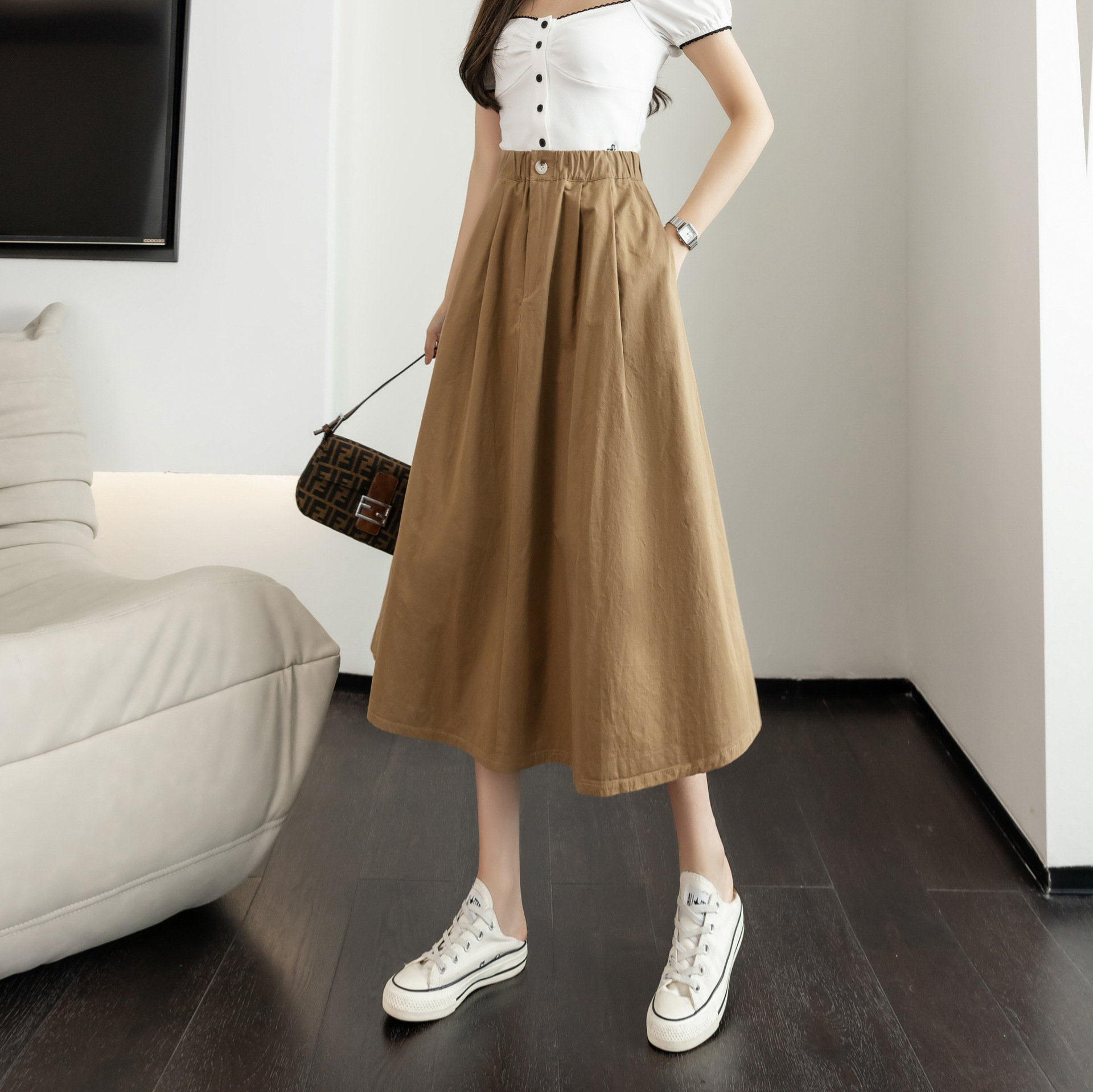 2022年新款今年流行裙子女半裙中长款白色半身裙a字半身长裙春季