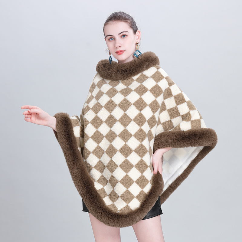 EU and South Korea Autumn and Winter New Cloak Shawl Thickened Plaid Fur Collar round Neck Pullover Shawl Cape Coat 0986#