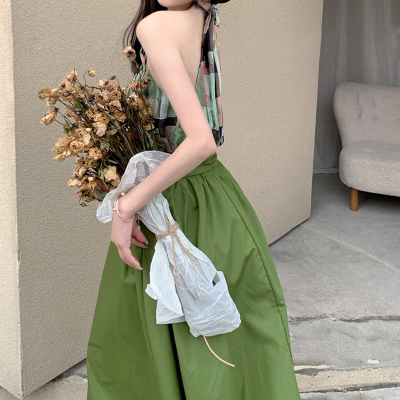 绿色高腰半身裙女春季中长款气质复古a字裙洋气显瘦蓬蓬伞裙子潮