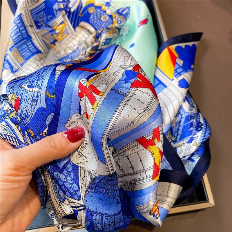 Silk Scarf Small Square Towel Blue Castle Fashion Mulberry Silk Scarf Spring and Autumn Fashionable Korean Small Scarf