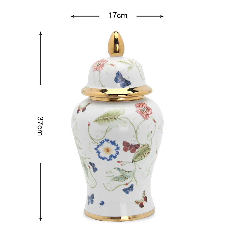 Jingdezhen Vase Ceramic Decoration Light Luxury Flower Bird Butterfly Temple Jar Artware Decorations Flower Arrangement Decoration