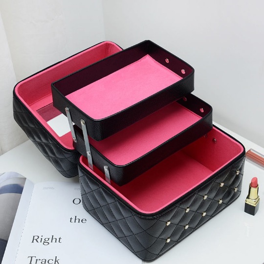 New Korean Style Double-Layer Large Capacity Cosmetic Bag Rhinestone Portable Women's Travel Cosmetics Storage Box Jewelry Cosmetic Case