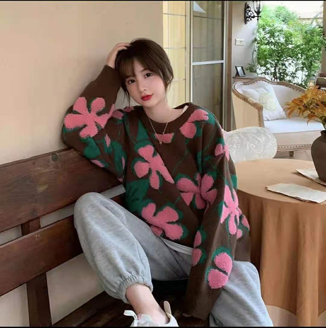 花朵毛衣女提花上衣打底衫2022年秋冬新款港风复古宽松显瘦针织衫