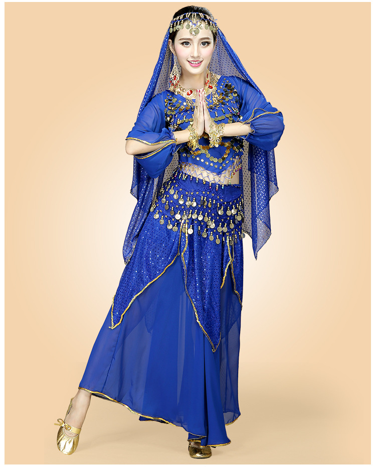 华宇舞蹈印度舞成人演出服装亮片长袖天竺少女新疆民族舞裙子套装