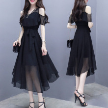 2024夏季女装新款连衣裙女短袖不规则黑色修身中长裙