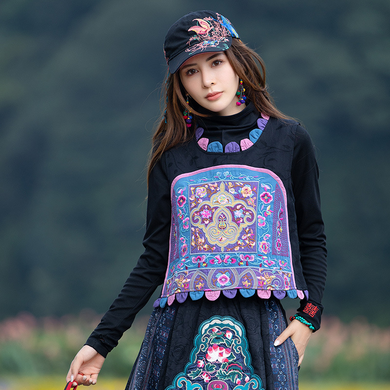 2021秋民族风女装棉麻重工刺绣拼色盘扣花边马夹背心坎肩马甲外套