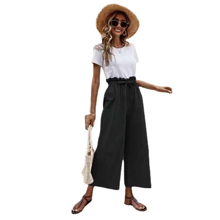 2023 New Summer Cross-Border Women's Clothing European and American Elastic Waist Solid Color Cotton Linen Belt Wide Leg Pants Loose Cropped Pants for Women