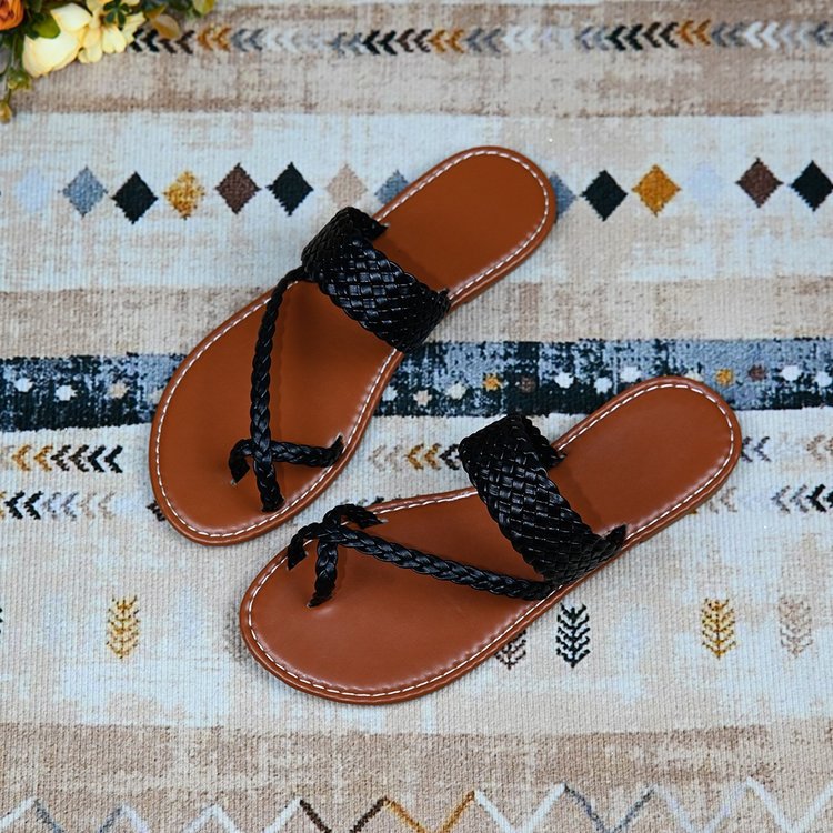 外贸拖鞋女2024春夏新款欧美大码橡胶套趾平底pu低跟休息拖鞋批发