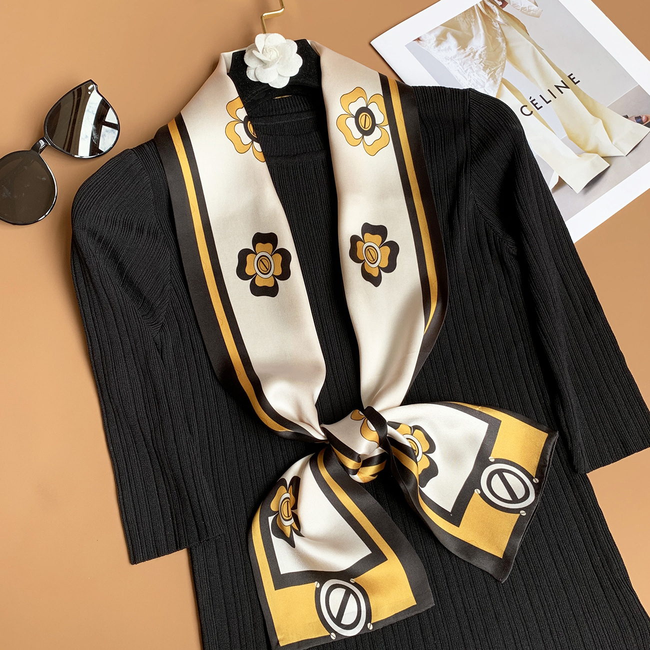 法式气质长款长条双层真丝丝巾缎面小领巾桑蚕丝飘带薄围巾发带女