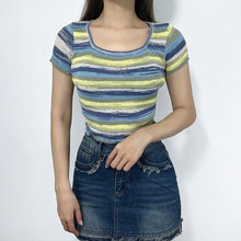 欧美甜辣妹条纹针织短袖T恤2023新款修身显瘦小众设计感撞色上衣
