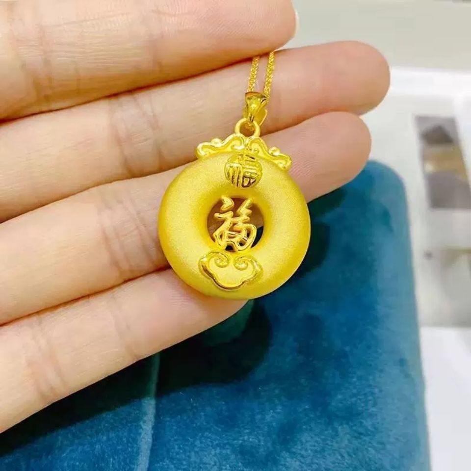 999黄金色幸福平安扣吊坠生肖虎挂坠项链宝宝国潮金色平安戴漂亮
