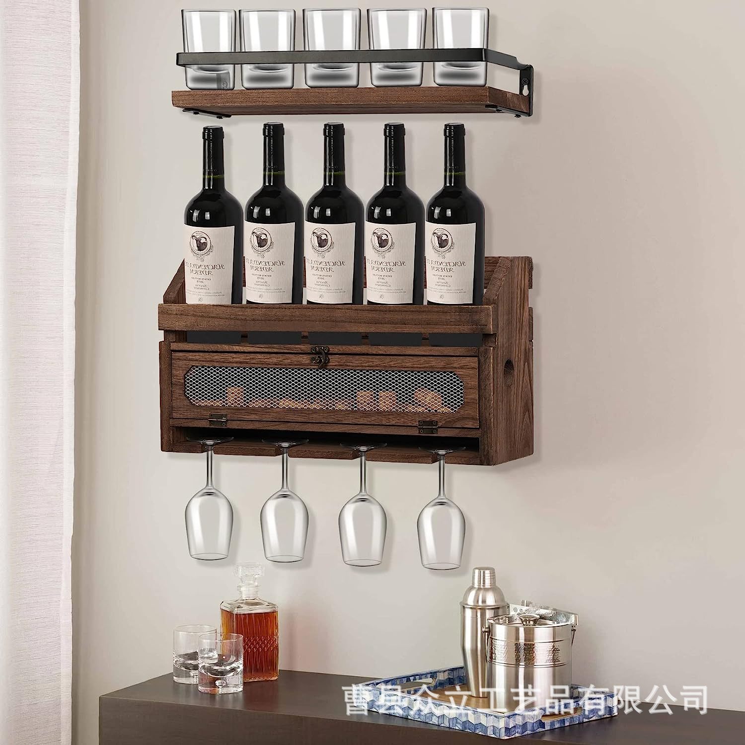 Wall-Mounted Wooden Wine Rack Upside down Hanging Goblet Storage Rack Wine Bottle Wine Glass Storage Restaurant Bar Decoration