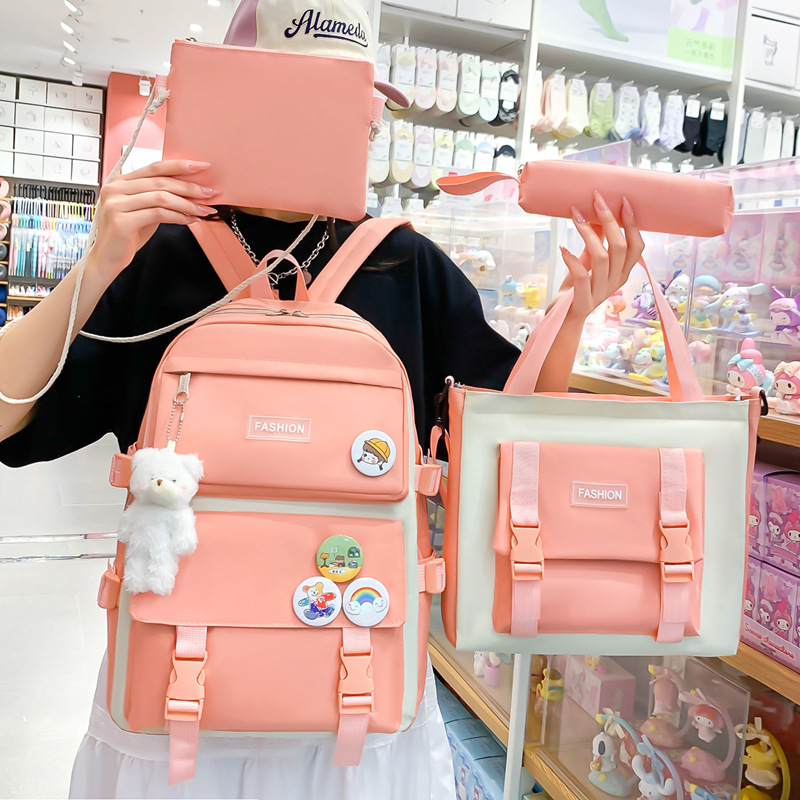 Junior School Backpack Girls 2023 New Fashion High School Student Girl Backpack Japanese Four-Piece Color Matching Schoolbag