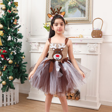 欧美儿童圣诞服装麋鹿小驯鹿节日扮演服装蓬蓬裙亮片网纱连衣裙