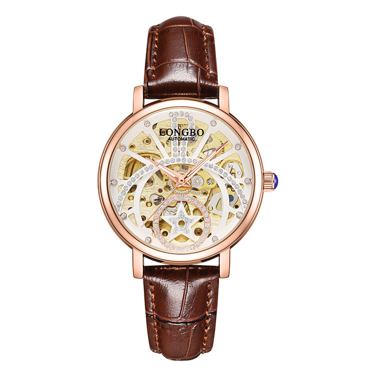 longbo机械女表新品镂空机械金色机芯时尚工艺全自动女士机械腕表
