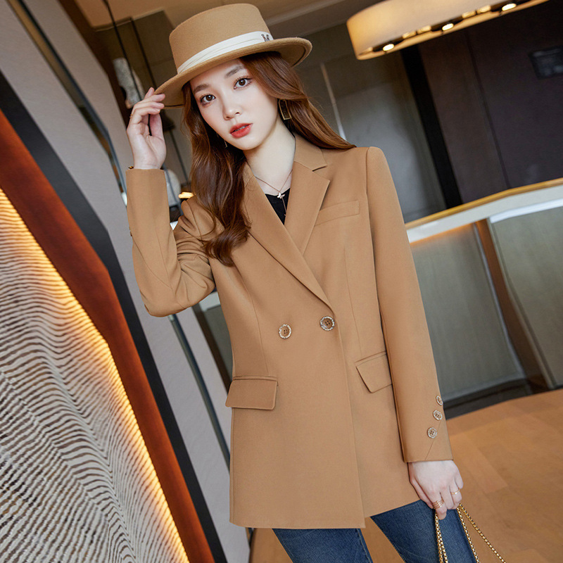 中长款双排扣黑色小西装女士秋冬新款职业装长袖西服正装