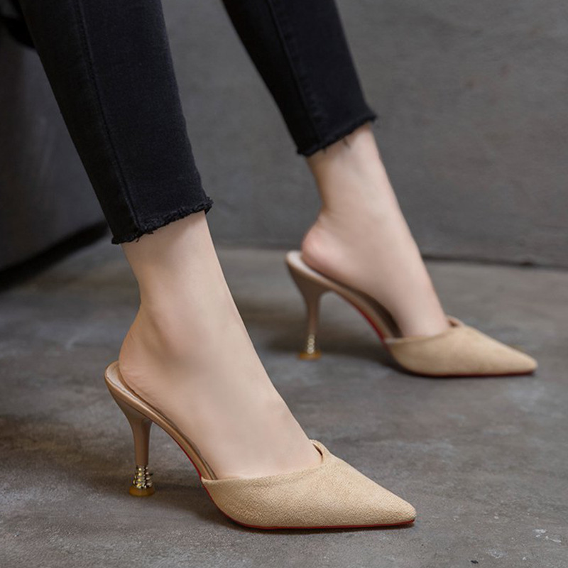 包头拖鞋女外穿时尚百搭懒人尖头鞋细跟凉拖女夏季网红穆勒高跟鞋