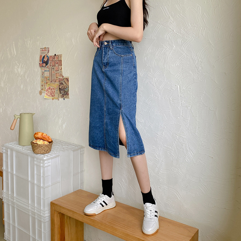 侧开叉牛仔半身裙2022春夏复古港味a字裙遮胯显瘦中长裙