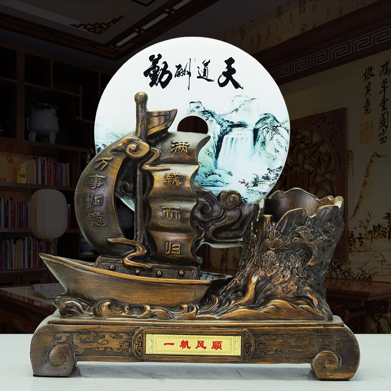 一帆风顺帆船笔筒摆件玉石高档送领导老板办公室桌面装饰乔迁礼物