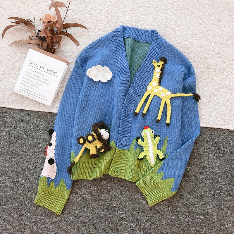 秋季新款卡通毛衣手工编织长颈鹿立体图案针织开衫百搭可爱潮流女