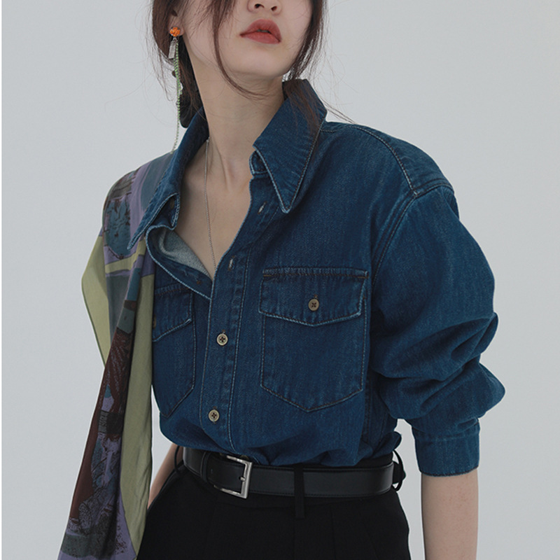 复古水洗牛仔衬衫外套女2021秋冬新款韩版宽松慵懒港风长袖衬衣潮