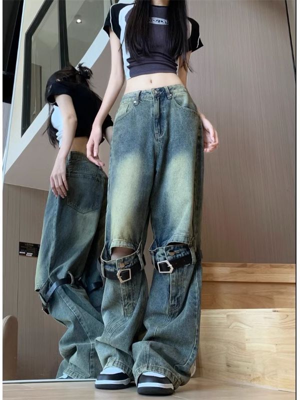 American Niche Retro Distressed Spring and Autumn High Waist Three-Dimensional Stitching Design High Street Ins Fashion Brand Jeans Trousers