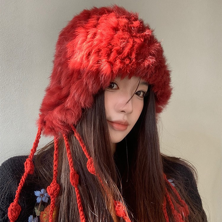 2025新款真兔毛流苏护耳毛绒帽女秋冬显脸小保暖针织帽滑雪雷锋帽