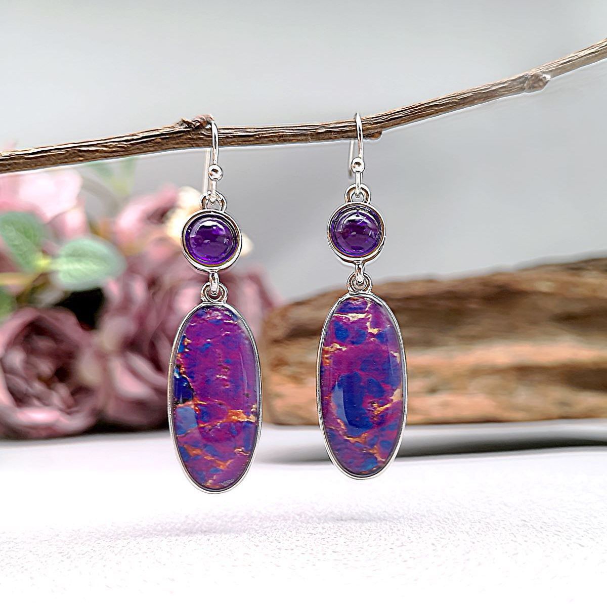 Cross-Border Hot Sale Artistic Retro Style European and American Simple Inlaid Gem Purple Oval Dragon Crystal Opal Earrings