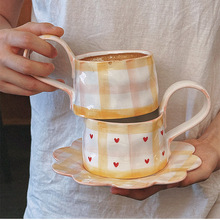 韩式 ins风博主同款手绘釉下彩陶瓷杯碟 咖啡杯 甜品碟早餐牛奶杯