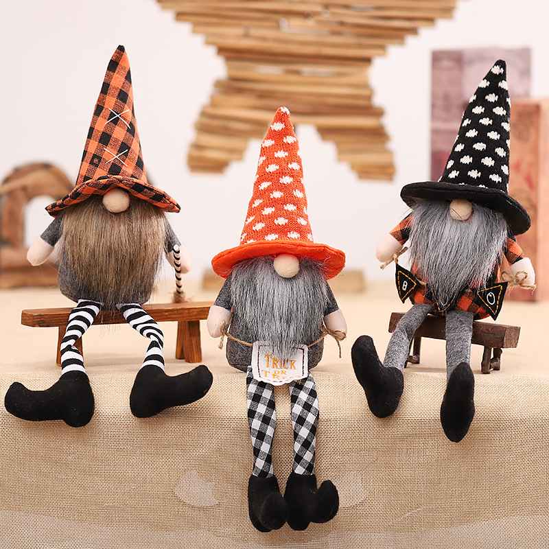 Cross-Border New Halloween Decorations Witch Cloak Hat Faceless Doll Long Legs Figurine Doll Decorative Ornaments