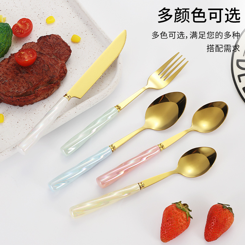 Amazon Porcelain Handle Stainless Steel Knife and Forks Spoon Cute Cartoon Cross-Border Gold-Plated Factory Western Tableware Four-Piece Set