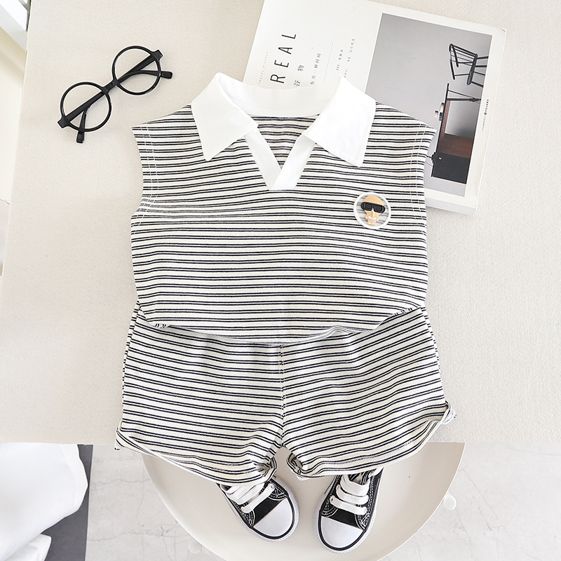 2024 New Children's Cartoon Short Sleeve Suit Girls' Summer Clothes Boys' Korean Style Shorts Girls' Baby Boys' Striped Short Sleeve