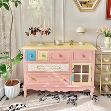 粉色多巴胺实木抽屉斗柜客厅彩绘撞色装饰柜卧室玄关收纳储物柜