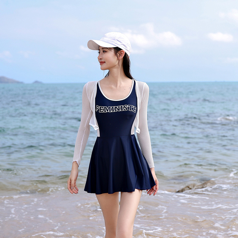 轻奢网纱长袖外衫保守裙式平角裤加肥大码妈妈款孕妇游泳衣女泳装