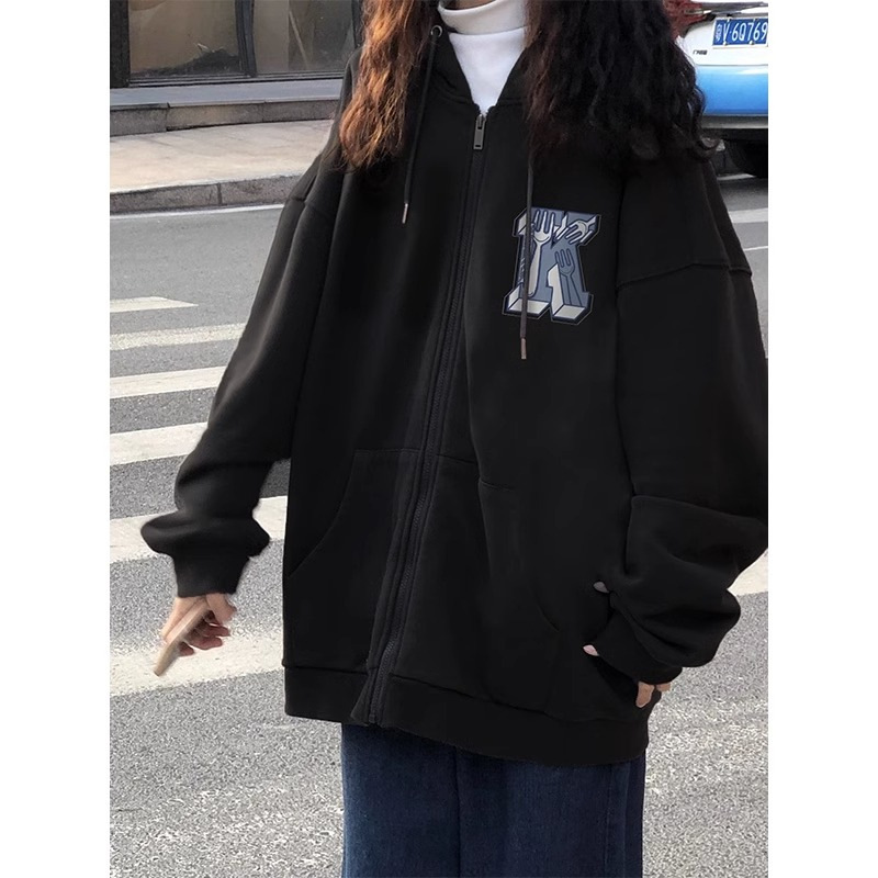 美式复古秋冬oversize外套拉链卫衣女大码宽松学生韩版连帽开衫潮