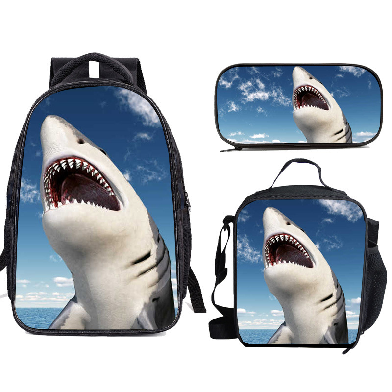 动物鲨鱼书包笔袋 卡通海底世界儿童双肩包 小学生三件套背包餐包