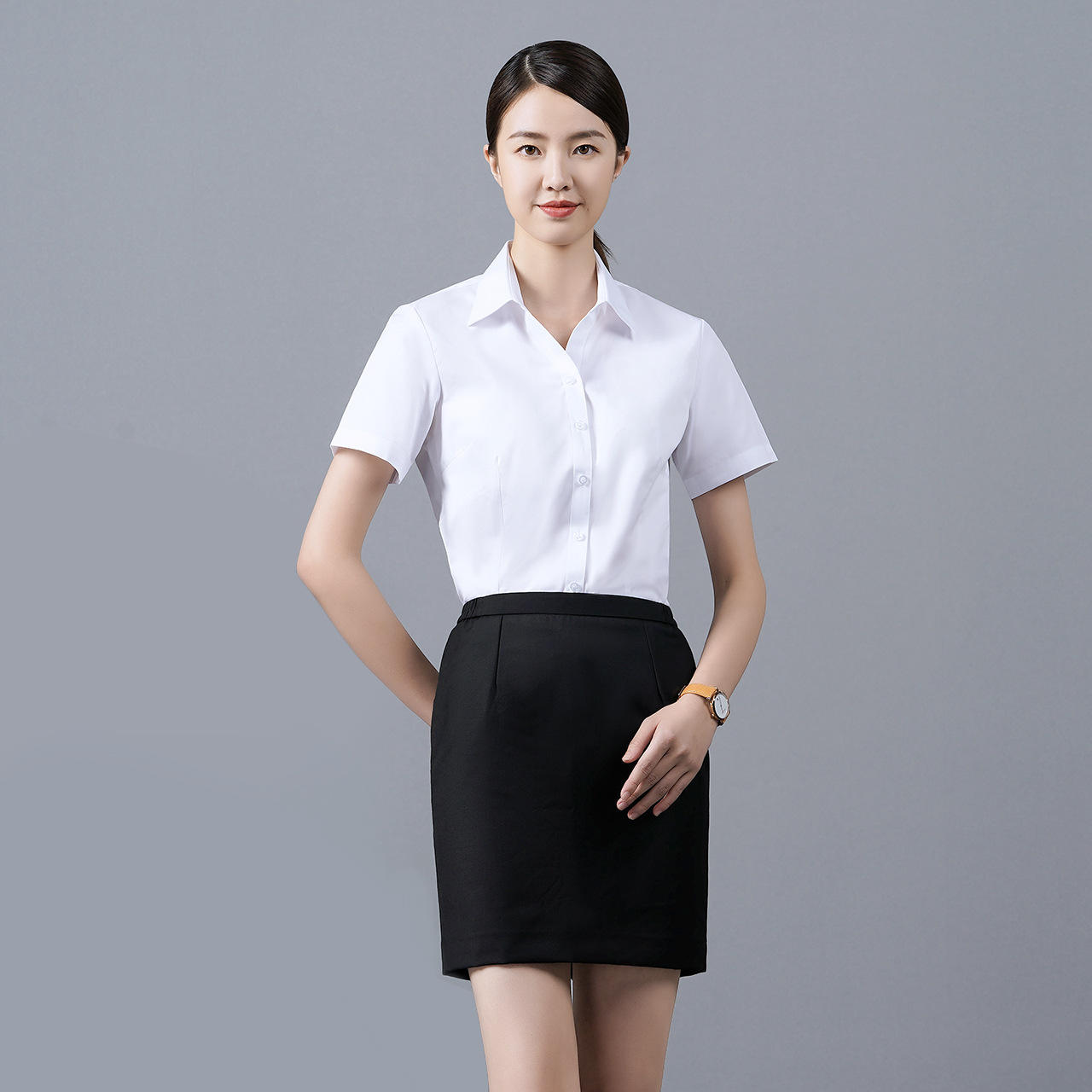 新款短袖白衬衫女银行4s店销售员工作职业装v领免烫衬衣寸衫厂家