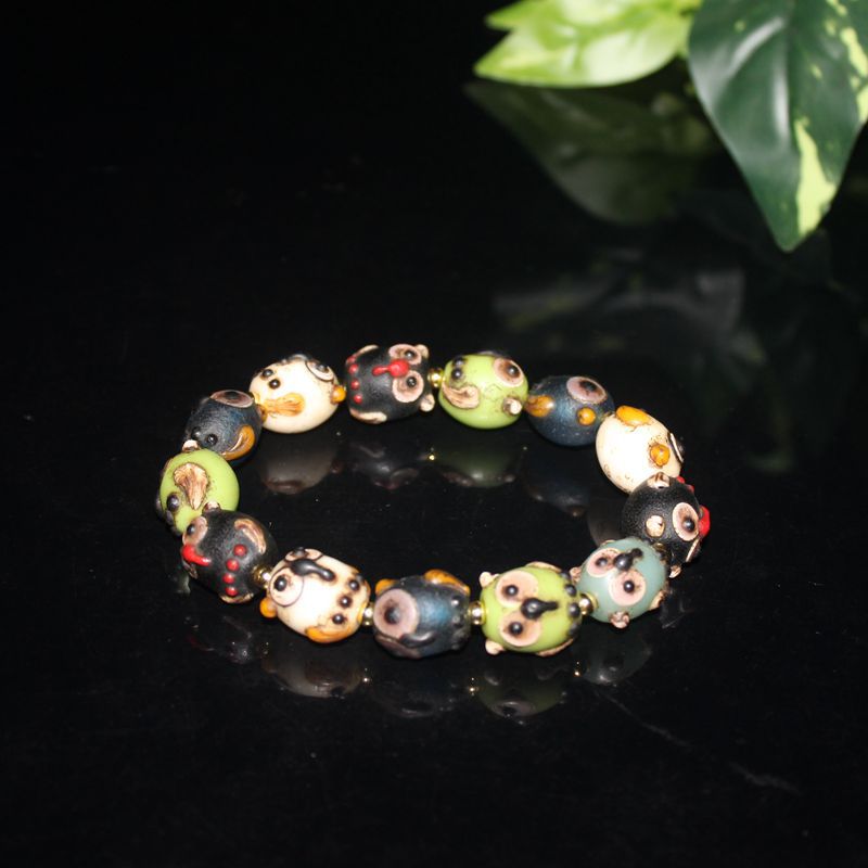 清晚期老琉璃猫头鹰多宝手链 手串批发 古珠老珠子老琉璃单圈手链