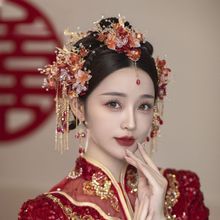 2023年新款中式复古红色琉璃花后区秀禾服结婚头饰新娘头饰额心饰