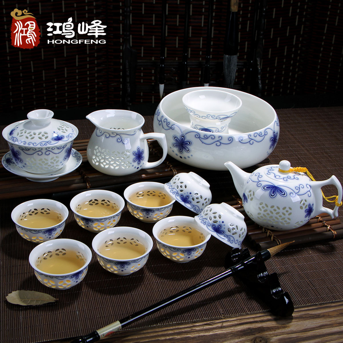 青花瓷玲珑茶杯镂空茶具套装家用客厅办公室会客礼盒功夫盖碗陶瓷