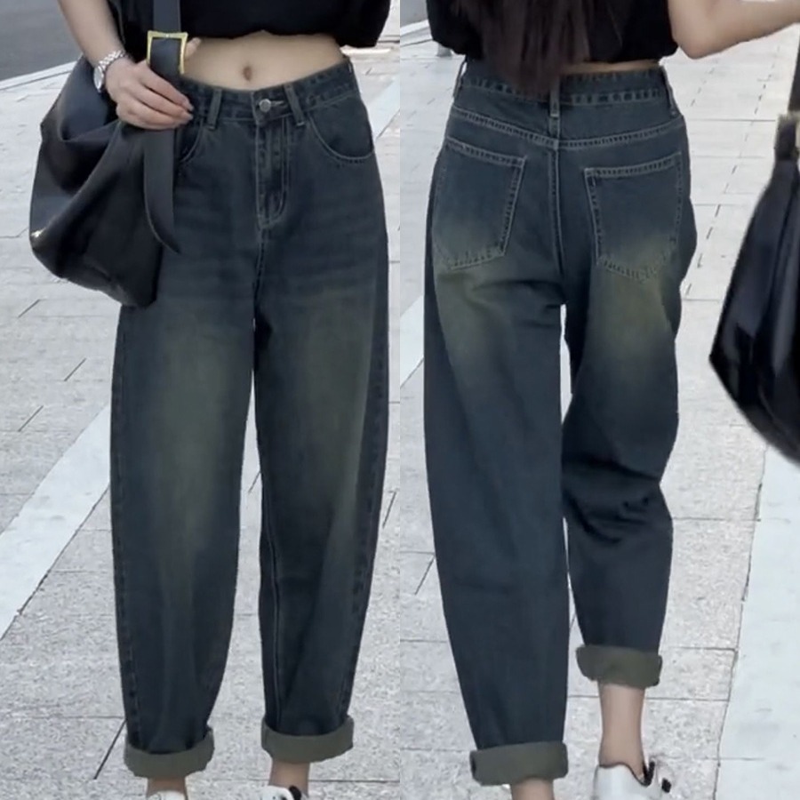 梨形身材微胖穿搭大码胖mm哈伦老爹牛仔裤女春秋新款高腰显瘦裤子