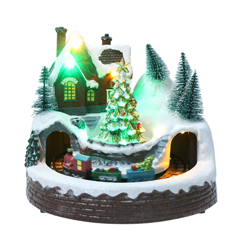 Santa Claus Luminous Music Small House Decoration Christmas Tree Rotating Train Snow Snow House Christmas Decorations