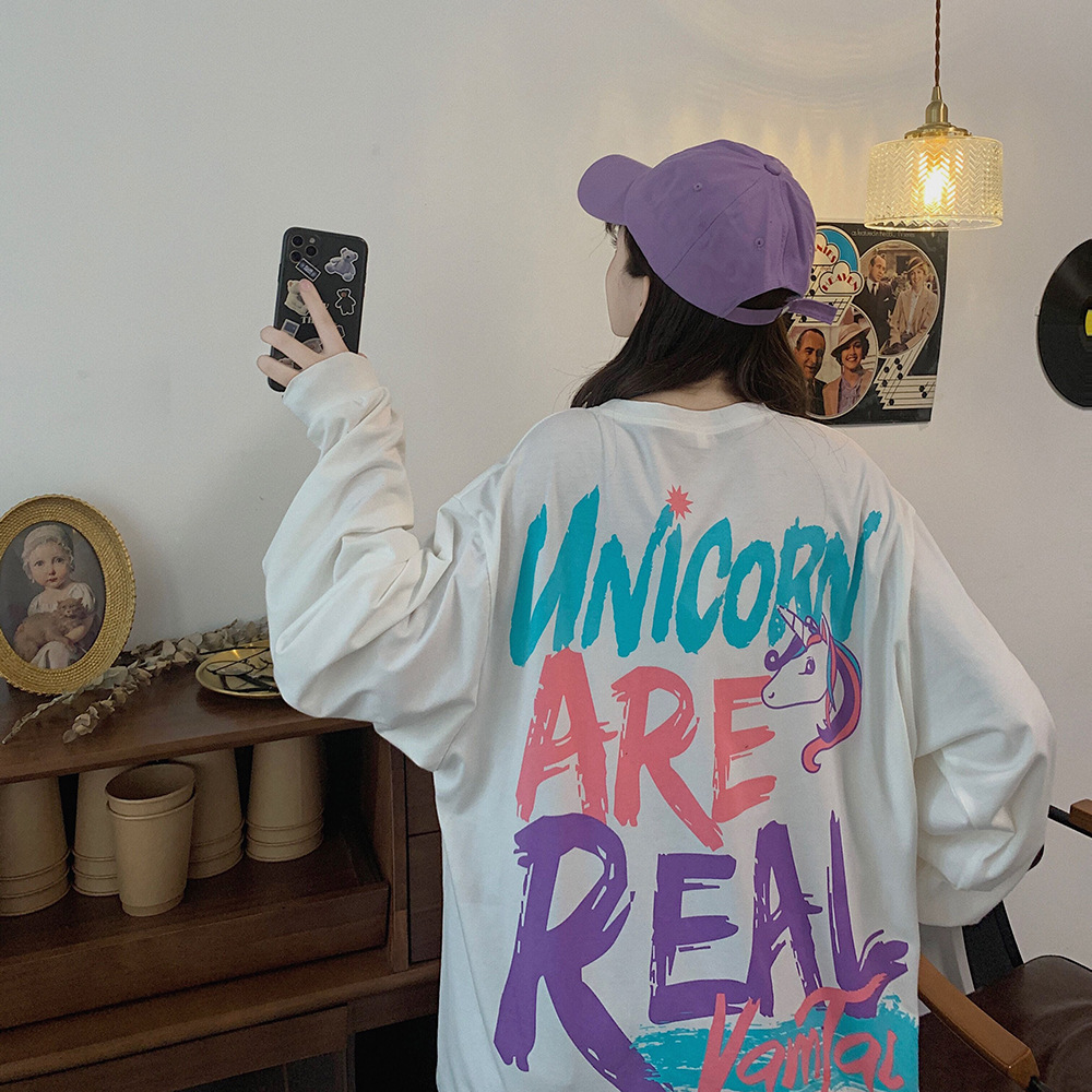 白色涂鸦t恤女2020年新款韩版打底宽松长袖早秋学生百搭上衣ins潮