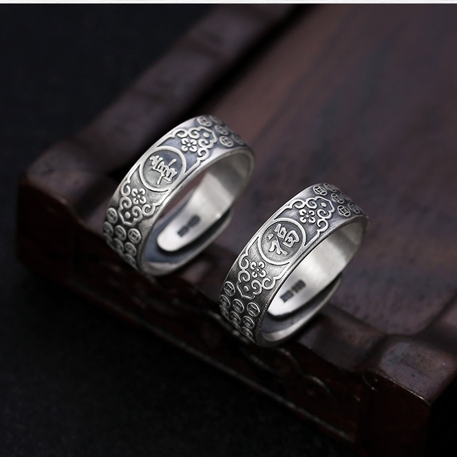 泰古s925泰银戒指男女士复古福字喜字招财铜钱情侣对戒开口银指环